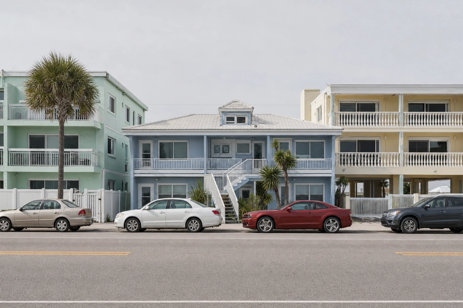 Our own photograph of a row of pastel low-rise seafront buildings, taken straight on from across the road in flat midday light, cars parked along the kerb.