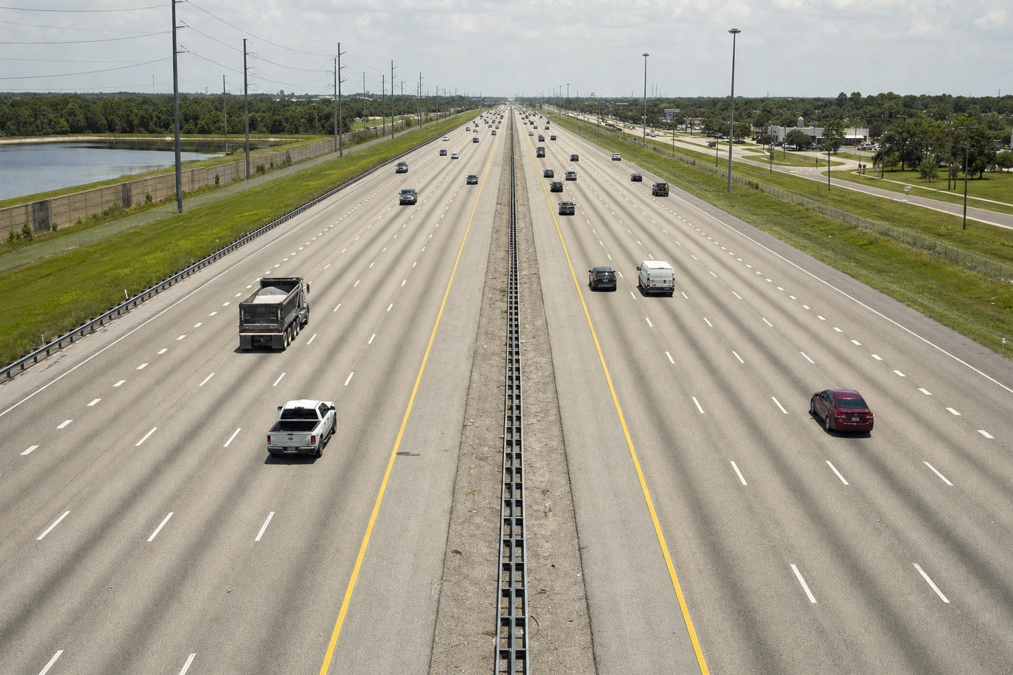 An eight-lane highway we photographed from an overpass, looking straight down its length at midday in flat light.
