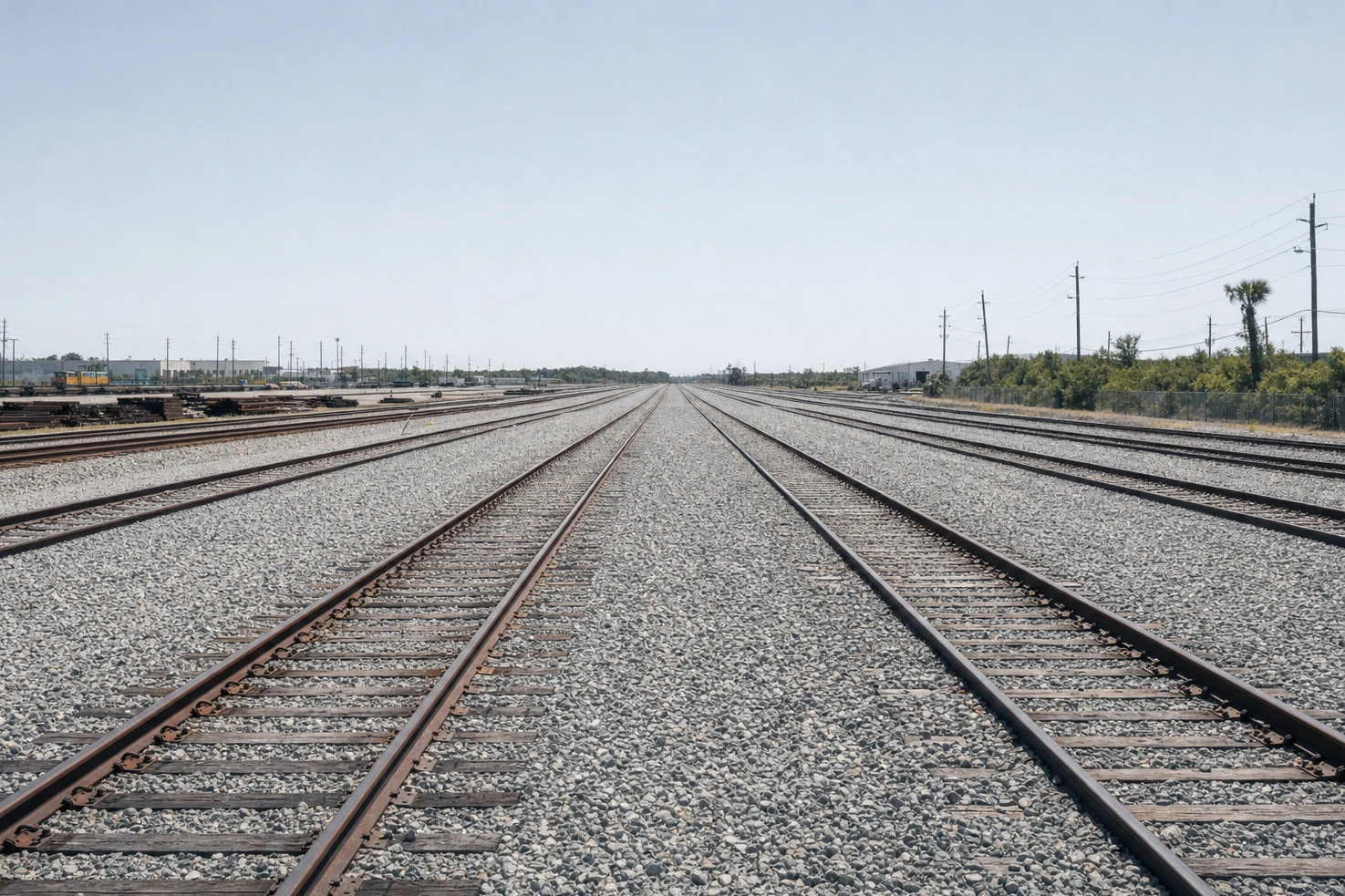 Our picture of a rail yard, parallel tracks running to a flat horizon over gravel ballast at midday, no train in it.