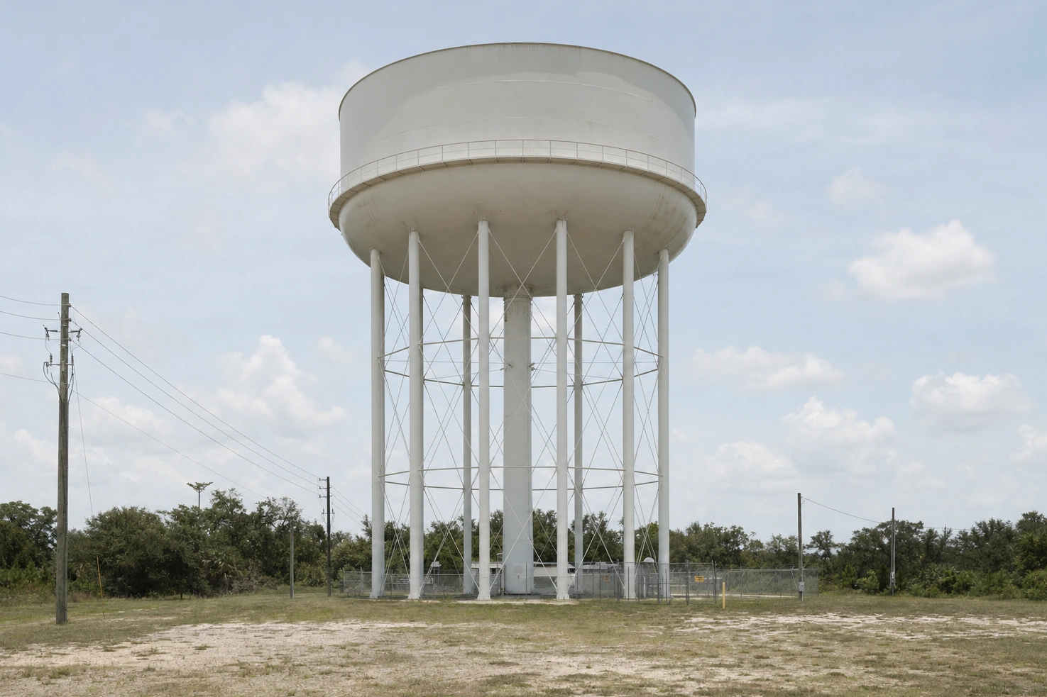 Our photograph of a municipal water tower standing on open ground, taken frontally at midday, the tank blank and carrying no lettering.