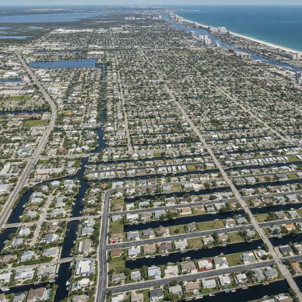 A coastal city photographed by us from high altitude at midday: a grid of blocks and waterways under even flat light.