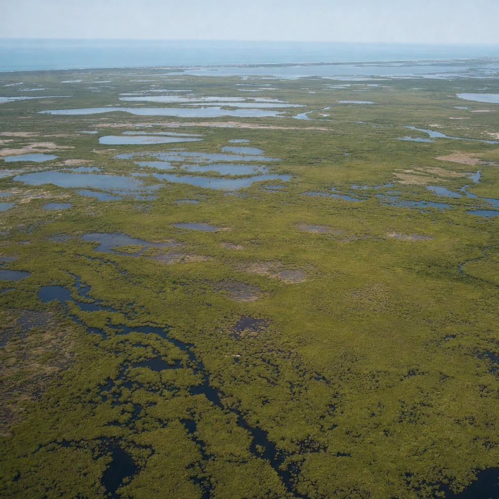 Our own high-altitude photograph of flat wetland meeting a distant low coastline at midday, taken at the scale a state map is printed at. It is our picture of real ground, not a map of anywhere in the game.
