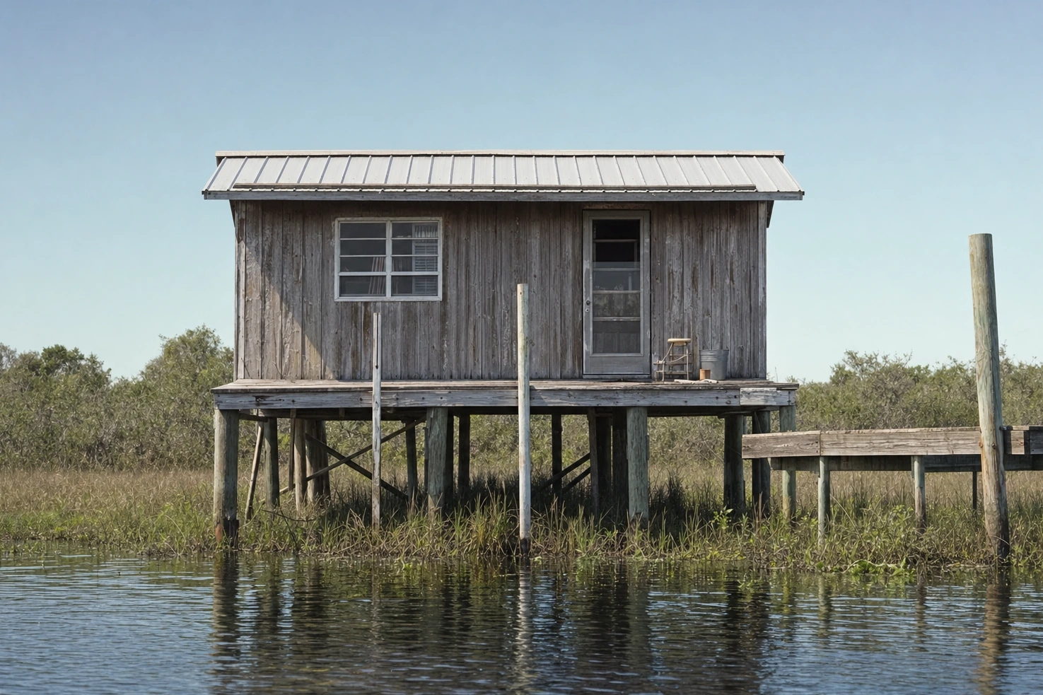 Our photograph of a stilt shack standing over wetland, taken square-on from the water at midday, weathered timber and no drama in it.