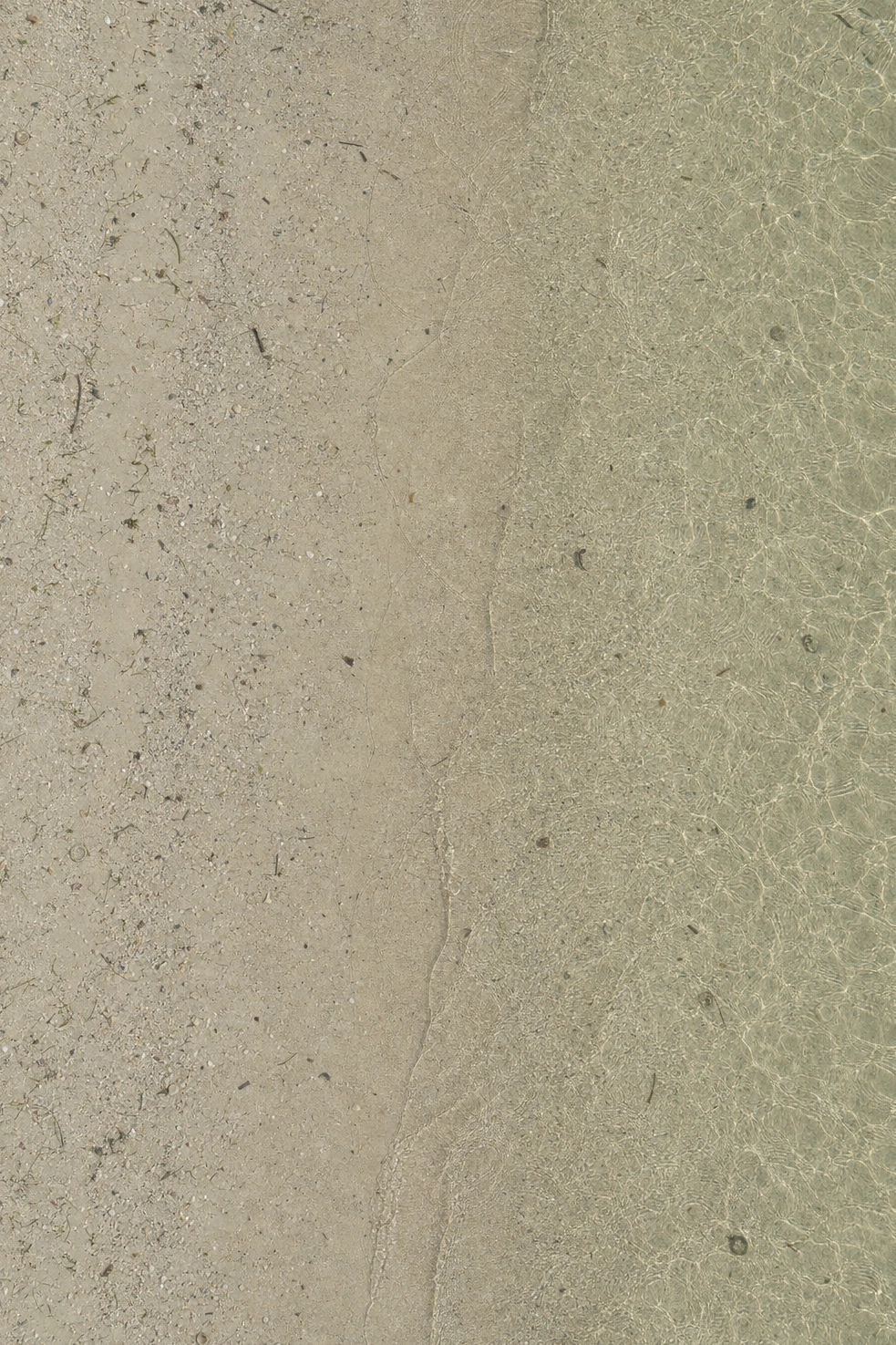 Sand meeting shallow water, photographed by us from directly above as a tall, evenly toned frame.